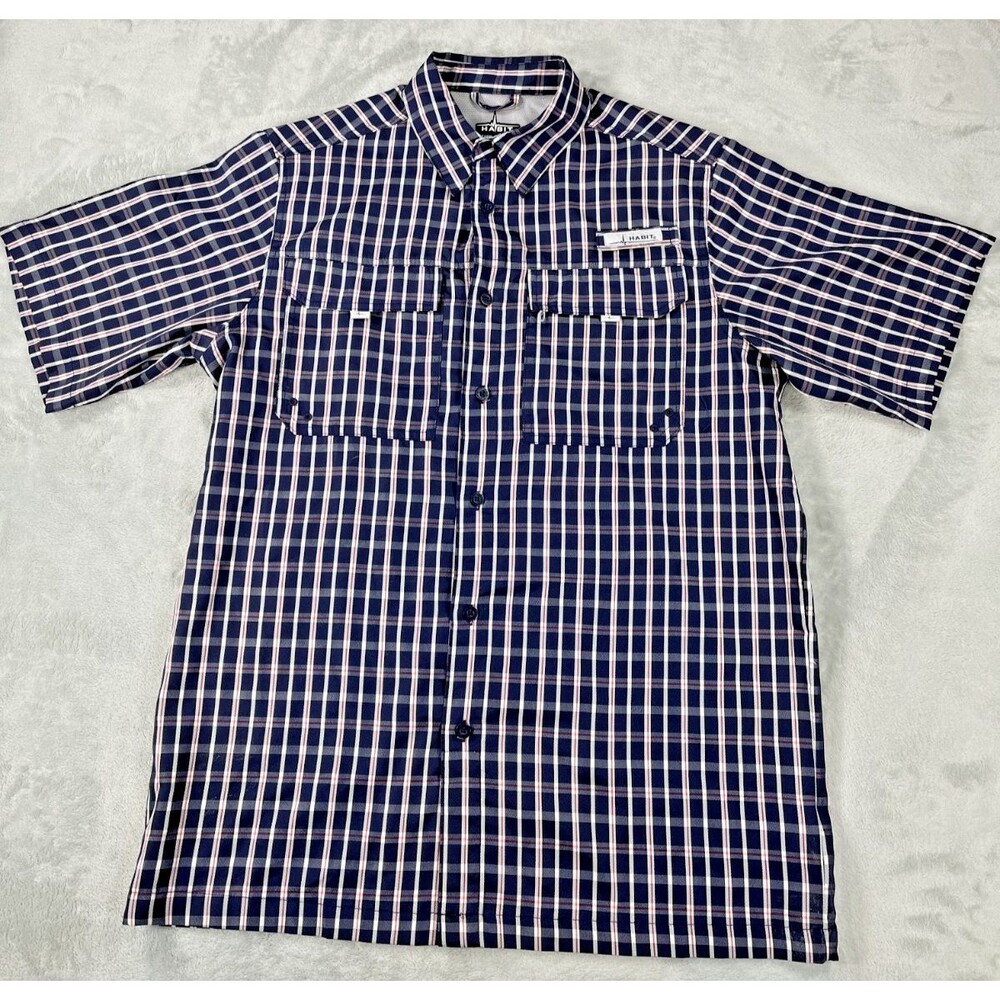 Habit Mens L Short Sleeve Fishing/Hiking Shirt Ventilated Blue/White Plaid